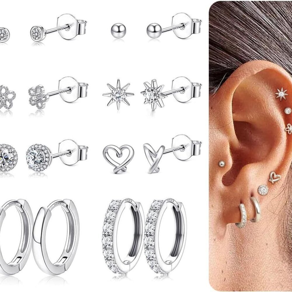 Sterling Silver Hypoallergenic Earrings Set 8 Pairs for Sensitive Ears Women